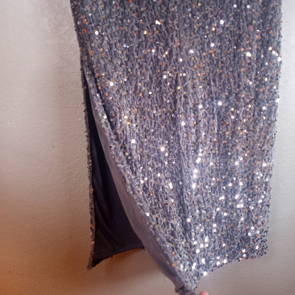 Madden NYC Sequined Grey Stretch Side Slit Whimsigoth Fairycore Maxi Skirt M - Picture 4 of 8